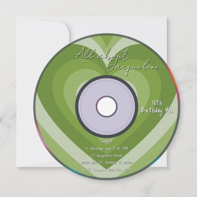 Gröna 2000s Aura Hearts Musik CD Födelsedag Inbjudningar (Framsida)