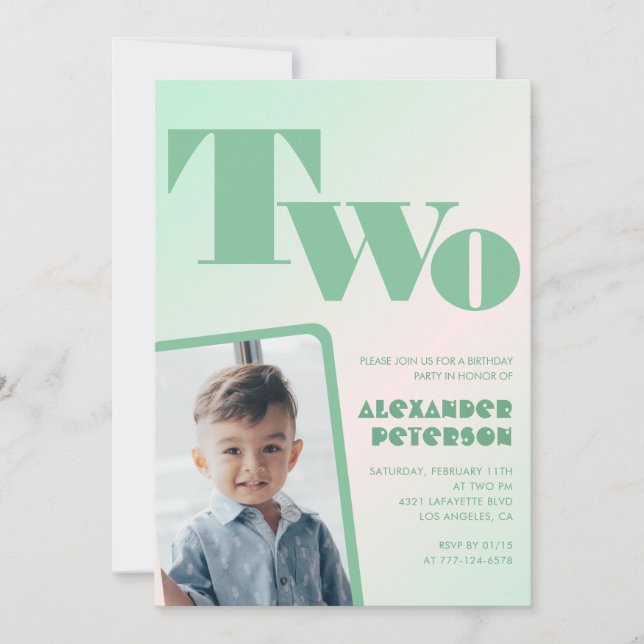 Gröna 2-års inbjudningar för pojkar Retro Foto (Framsida)