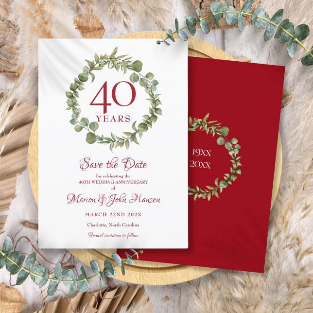 Gröna 40-års bröllopsjubileum Spara datum Inbjudningar (Greenery 40th Wedding Anniversary Save the Date Invitation)