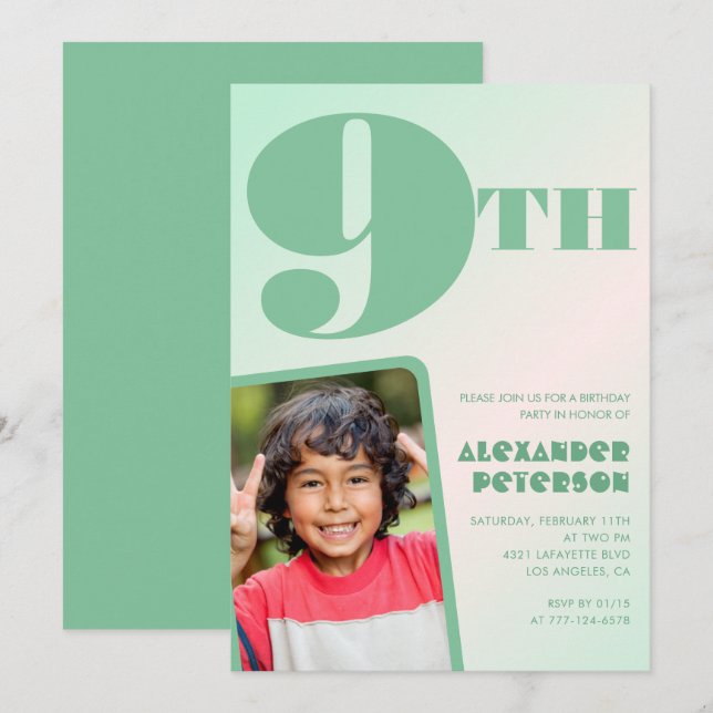 Gröna 9-års inbjudningskort Färgglad Foto (Fram/baksida)