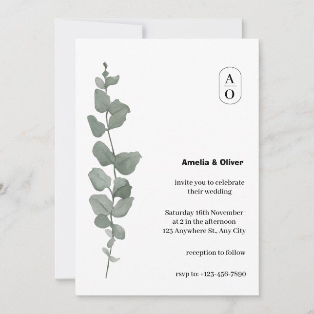 Gröna akvarellblad Elegant Enkel Bröllopsinbjudan Inbjudningar (Framsida)