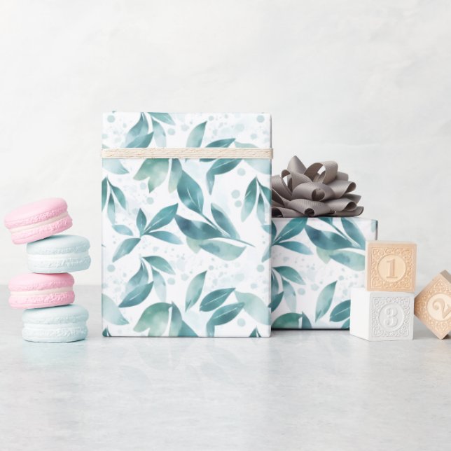 Gröna akvarellblad på vitt  presentpapper (Baby Shower)