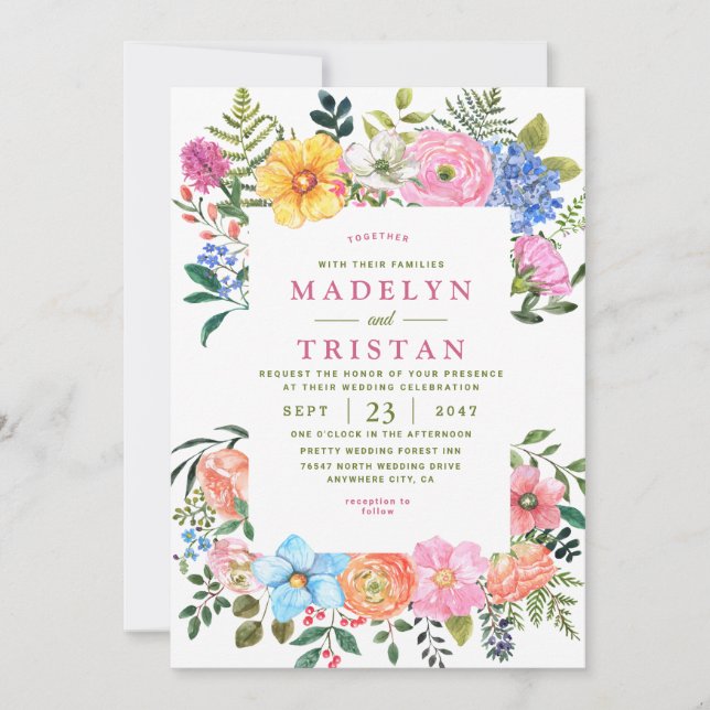 Gröna akvarellblommor Minimalistisk foto Bröllop Inbjudningar (Framsida)