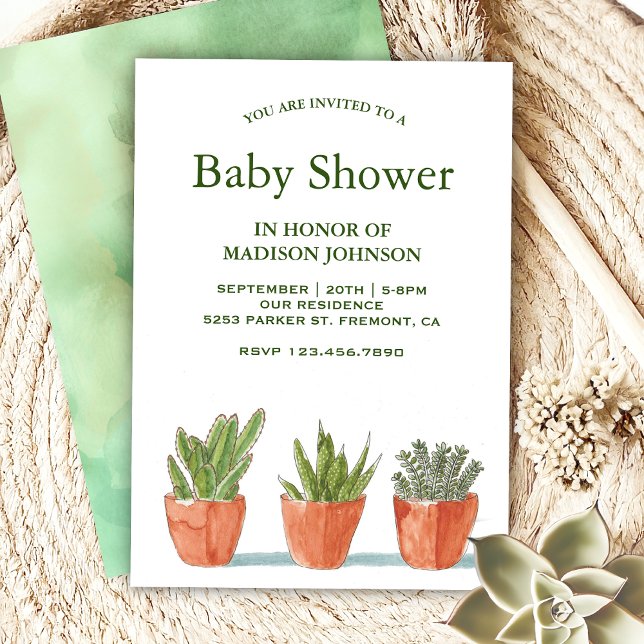 Gröna akvarellsuckulenter Baby Shower Inbjudningar (Skapare uppladdad)