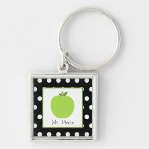 Gröna Apple/svart med vitpolka dots Fyrkantig Silverfärgad Nyckelring