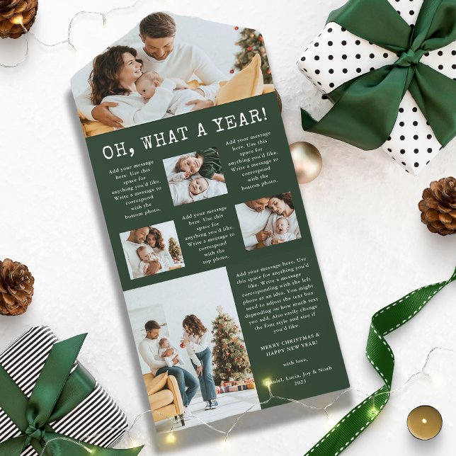 Gröna Årsöversiktskort i Trefaldig Format (Green Year in Review Trifold Photo Collage Christmas New Year Holiday Card)