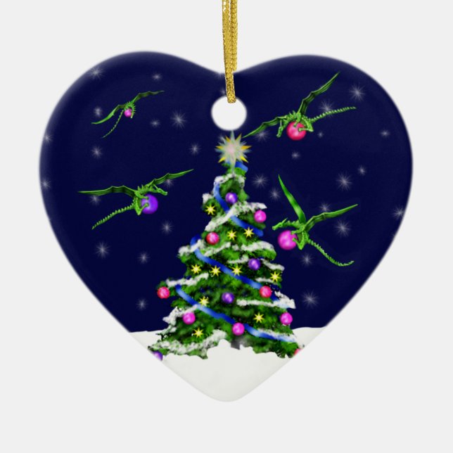 Gröna babydrakar omringar en julgran julgransprydnad keramik (Framsidan)