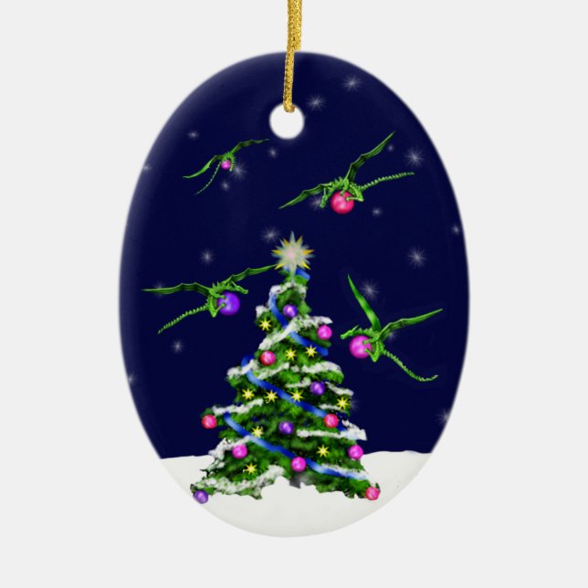 Gröna babydrakar omringar en julgran julgransprydnad keramik (Framsidan)