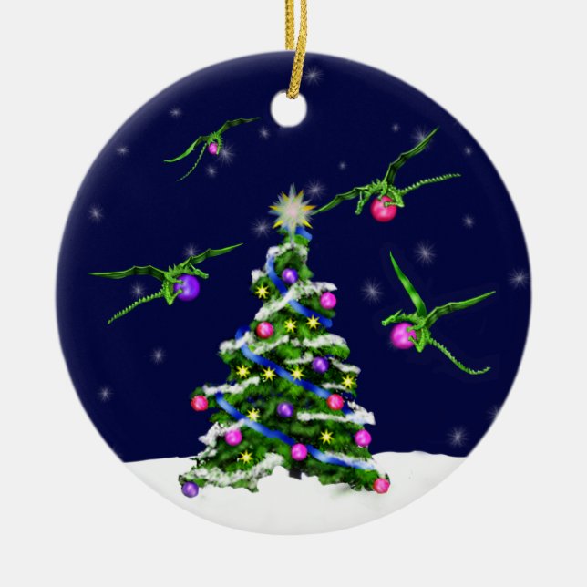 Gröna babydrakar omringar en julgran julgransprydnad keramik (Framsidan)