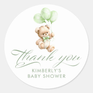Gröna ballonger Teddybjörn Baby Shower Tack Runt Klistermärke