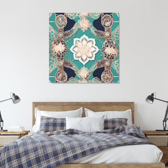 Gröna & beige blommönster canvastryck (Insitu (sovrum))