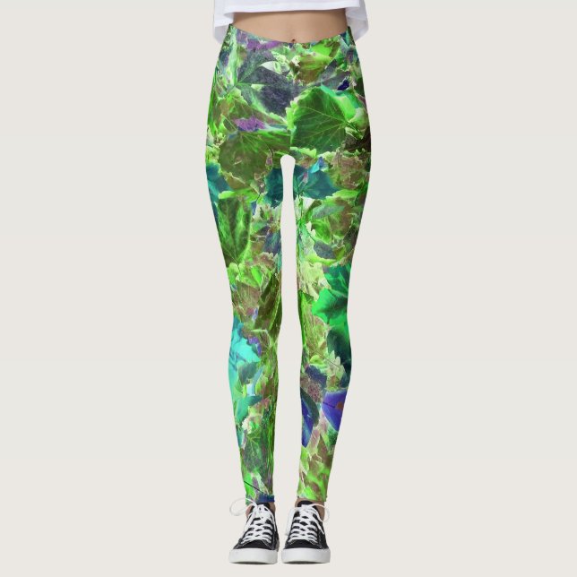 Gröna Blå Blad Natur Leggings (Framsida)