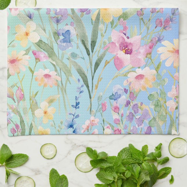 Gröna Blå Färgrika Blommor Kökshandduk (Vikta)