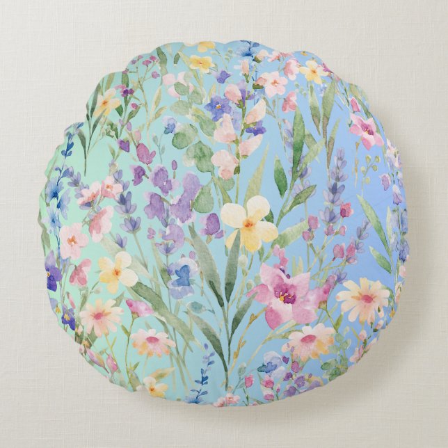 Gröna Blå Färgrika Blommor Rund Kudde (Framsidan)