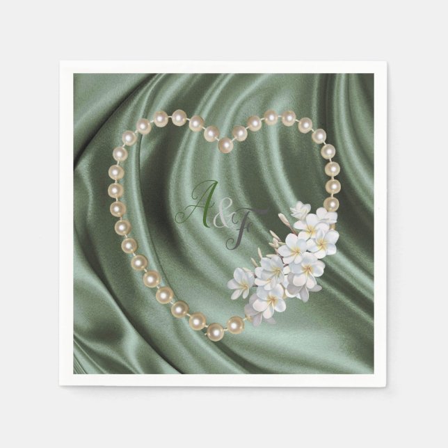 Gröna,Blå,Guldfärgade,Elfenbensvita Siden & Pärlor Pappersservett (Framsidan)