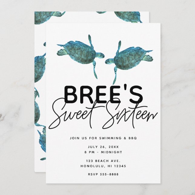 Gröna Blå Havs Sköldpaddor Ocean Strand Söt 16 Föd Inbjudningar (Fram/baksida)