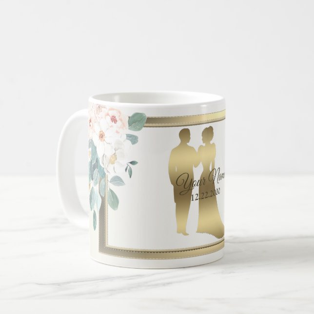 Gröna blad Blomma Guld ram Bröllopsfest Kaffemugg (Framsida vänster)