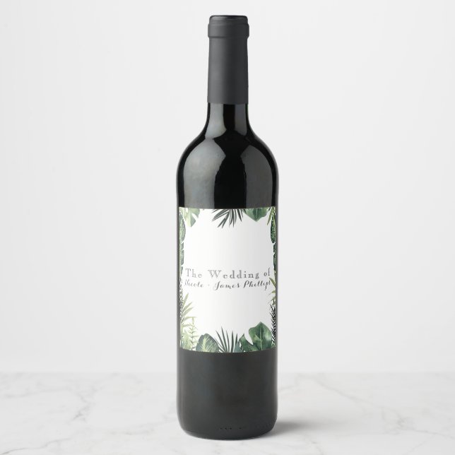 Gröna blad Botaniska Tropiska Växter Vin Etiketter (Framsida)