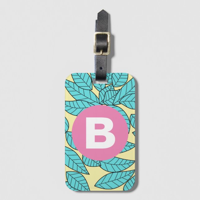 Gröna blad botaniskt mönster ljust rosa monogram bagagebricka (Framsida vertikal)