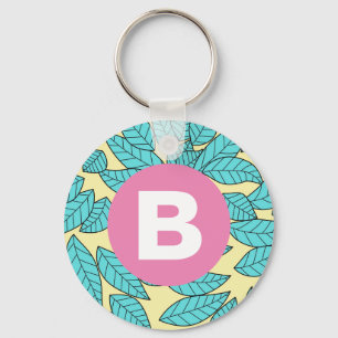 Gröna blad botaniskt mönster ljust rosa monogram nyckelring