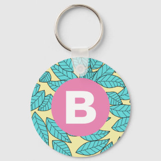 Gröna blad botaniskt mönster ljust rosa monogram nyckelring