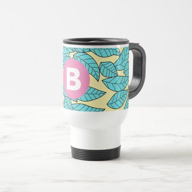 Gröna blad botaniskt mönster ljust rosa monogram resemugg (Framsida höger)