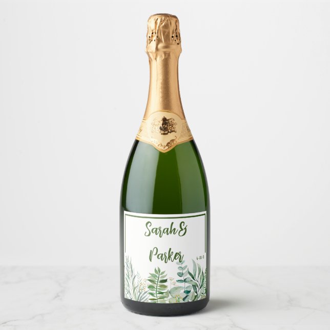 Gröna blad bröllop Champagne-etikett (Framsida)