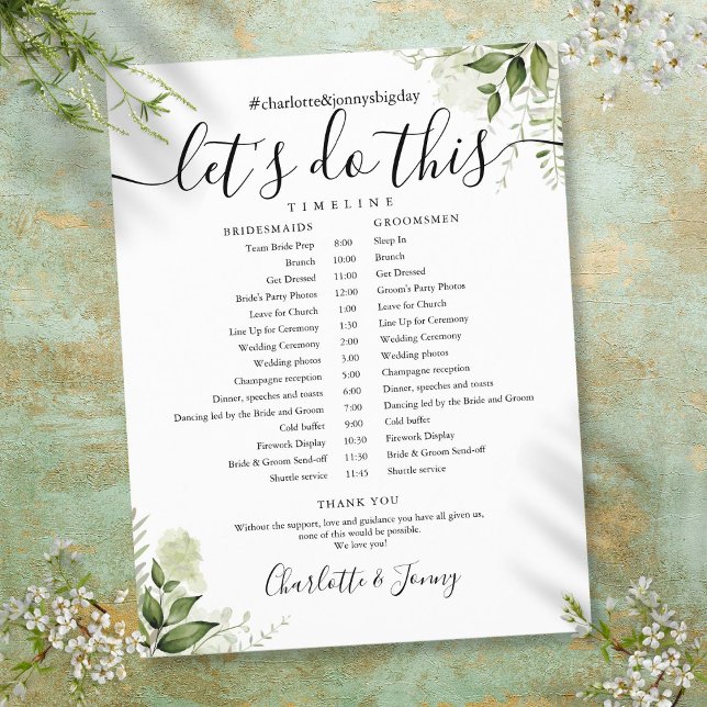 Gröna blad bröllopsschema tidslinje (Greenery Leaves Script Wedding Schedule Timeline)