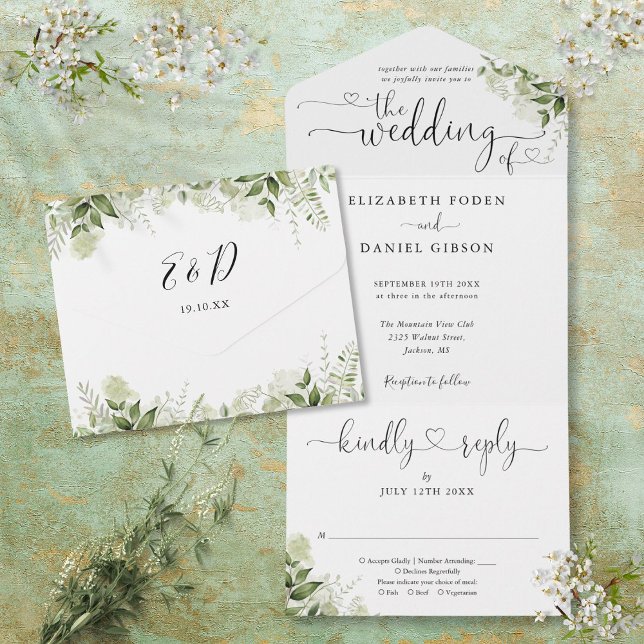Gröna blad Elegant Skrift Hjärtan Bröllop (Greenery Leaves Elegant Script Hearts Wedding All In One Invitation)