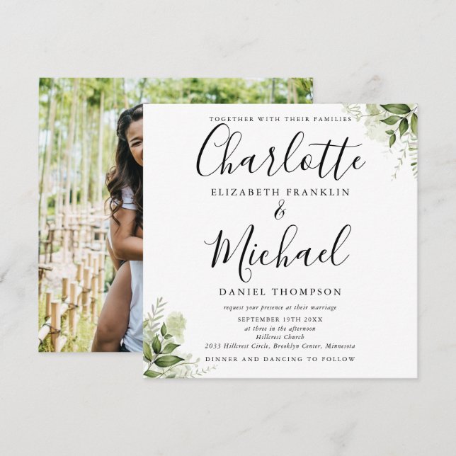 Gröna blad Elegant Skript Foto Bröllop  Inbjudningar (Fram/baksida)