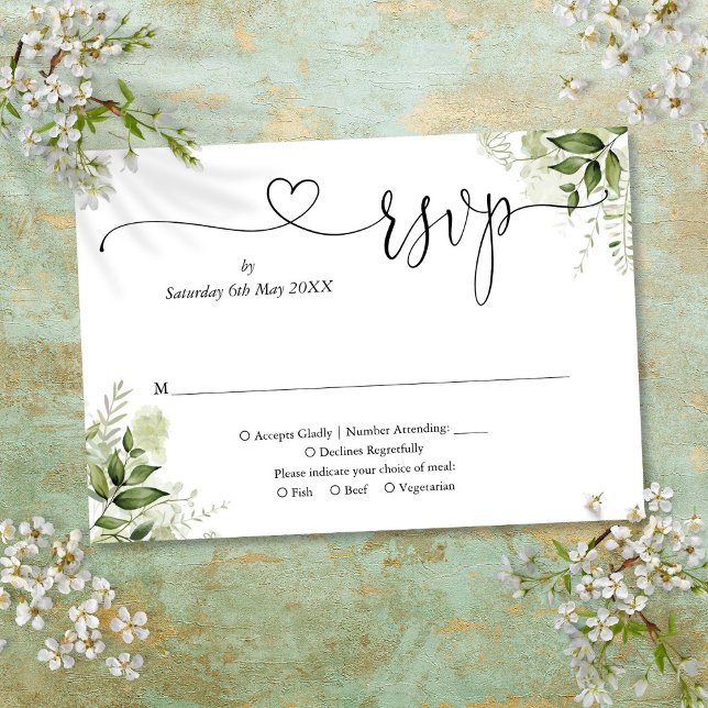 Gröna blad Elegant Skript Hjarta OSA Kort (Greenery Leaves Elegant Script Heart RSVP Card)