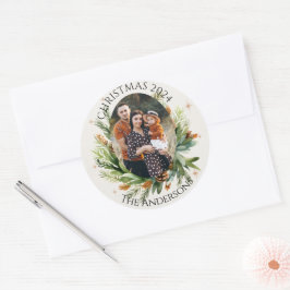 Gröna Blad Familjefoto God Jul Runt Klistermärke