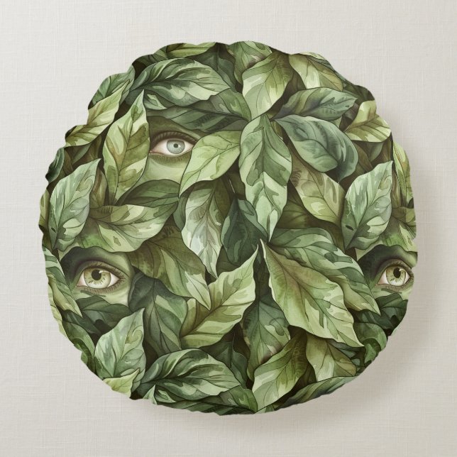 Gröna blad goblin ögon   rund kudde (Framsidan)