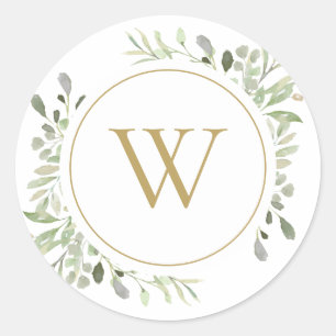 Gröna blad Guld Monogram Initial Runt Klistermärke