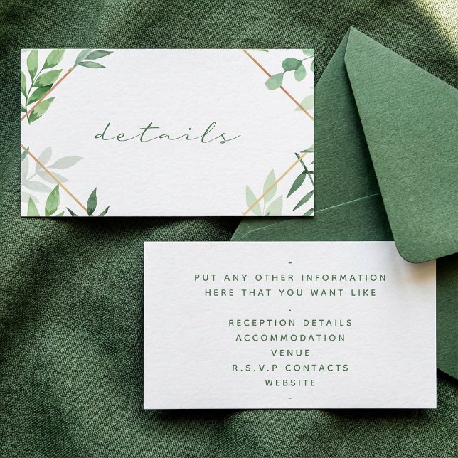 Gröna blad, guldbård, detaljerad bröllop tilläggskort (Green leaves, gold border, details wedding enclosure card.)
