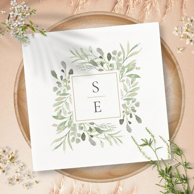 Gröna blad guldmonogram bröllopsservetter pappersservett (Greenery Foliage Gold Monogram Wedding Napkins)