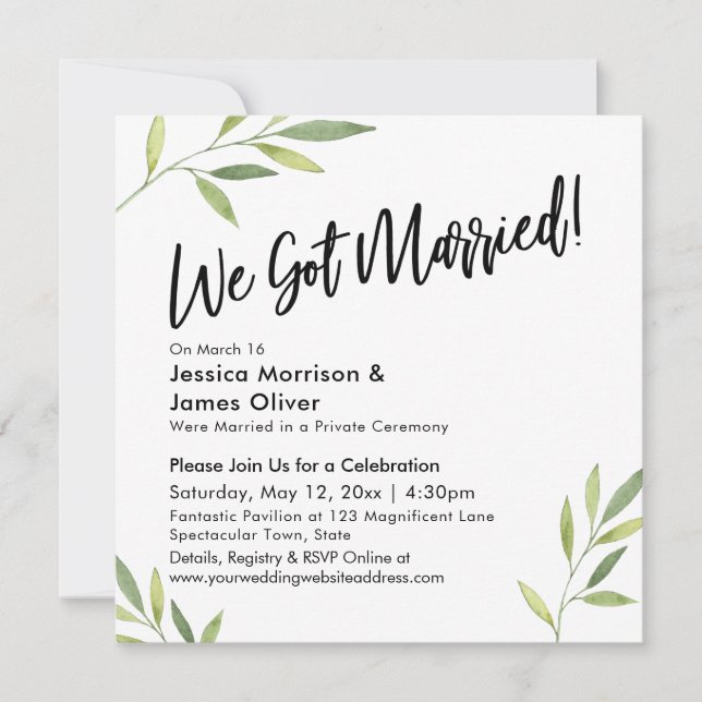 Gröna blad Modern handstil Vi gifte oss! Inbjudningar (Framsida)
