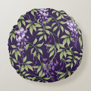 Gröna blad och Wisteria Blommönster Rund Kudde