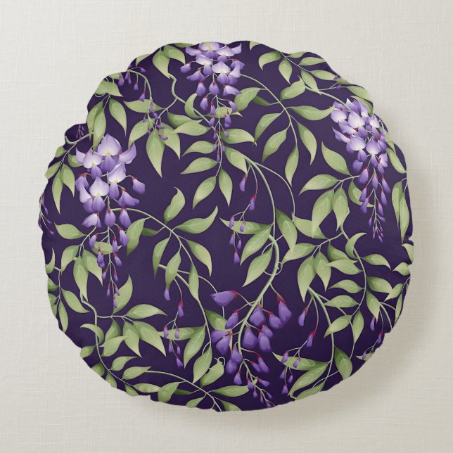 Gröna blad och Wisteria Blommönster Rund Kudde (Framsidan)