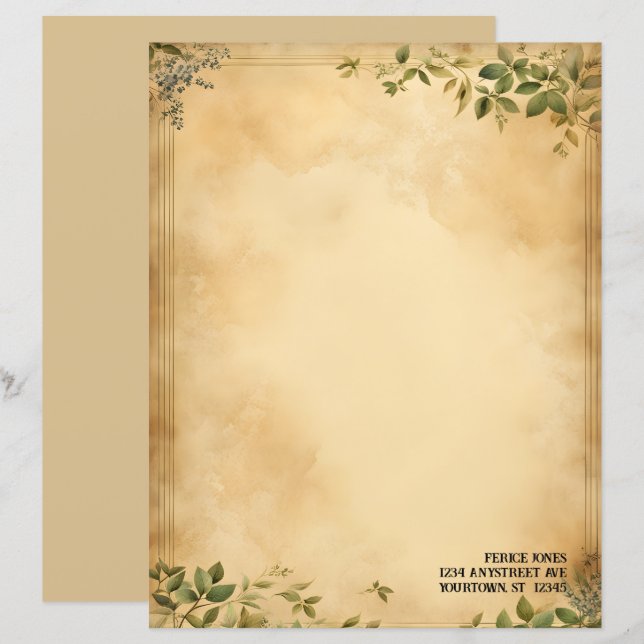 Gröna blad på gammalt pergamentbrevpapper (Fram/baksida)