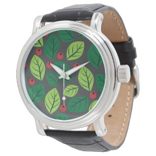 Gröna blad, röda bär, bladsmönster armbandsur