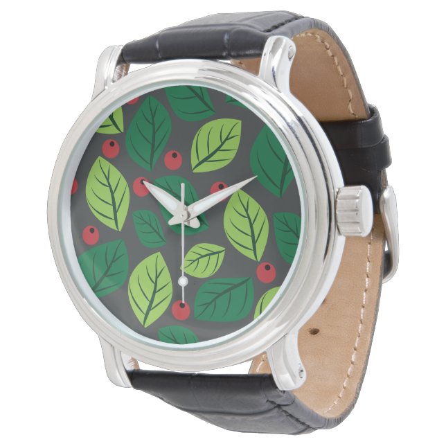 Gröna blad, röda bär, bladsmönster armbandsur (Vinklad)