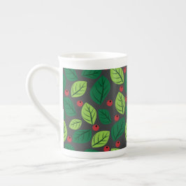 Gröna blad, röda bär, Mönster av blad Benporslin Mugg