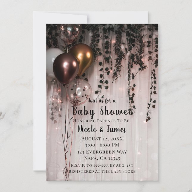 Gröna blad Rosa Guld Ljus & Murgröna Baby Shower Inbjudningar (Framsida)