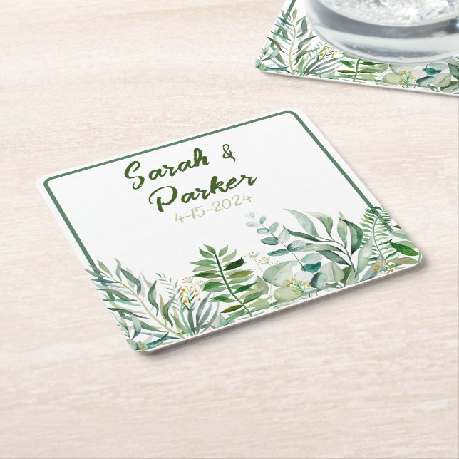 Gröna blad Sage Bröllopsnamn Underlägg Papper Kvadrat (Vinklad)