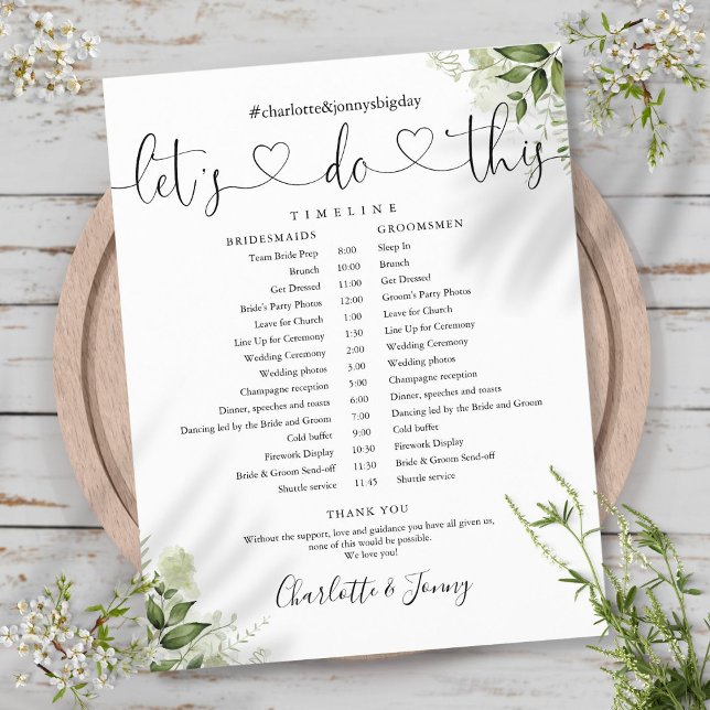 Gröna blad skript bröllopsschema tidslinje (Greenery Leaves Script Wedding Schedule Timeline)