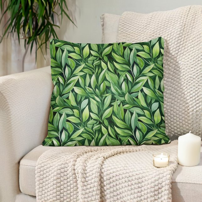 Gröna blad Svart Elegant Unik Modern Kudde (Green leaves on black decorator pillow)