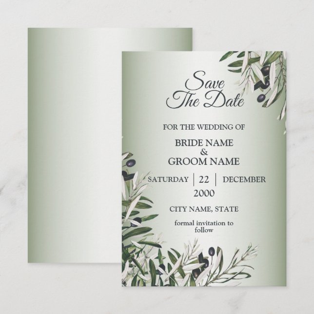Gröna blad Svart Oliv Elegant Bröllop Spara Datumet (Fram/baksida)