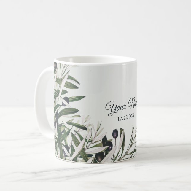 Gröna blad Svart oliv Elegant bröllopsgåva Kaffemugg (Framsida vänster)