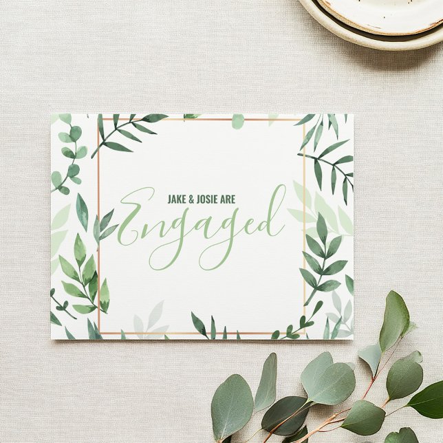 Gröna blad tillkännagivande meddelande (Vibrant green leaves design with a copper frame engaged card.)